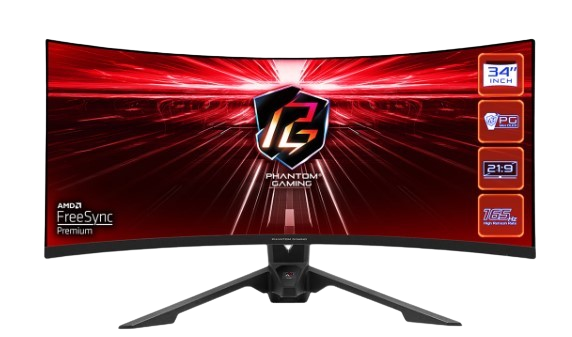 Monitor da gaming ASRock PG34WQ15R3A da 34 pollici curvo con risoluzione UWQHD (3440x1440), frequenza di aggiornamento di 165Hz e tempo di risposta di 1ms.